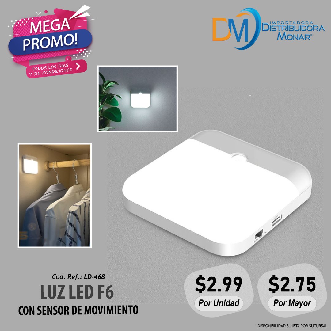 Luz Led F6 Recargable con Sensor de Movimiento y Luz - Importadora y  Distribuidora Monar